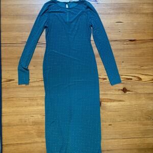Mable teal‎ blue rhinestone long sleeve sheer maxi dress SIZE L